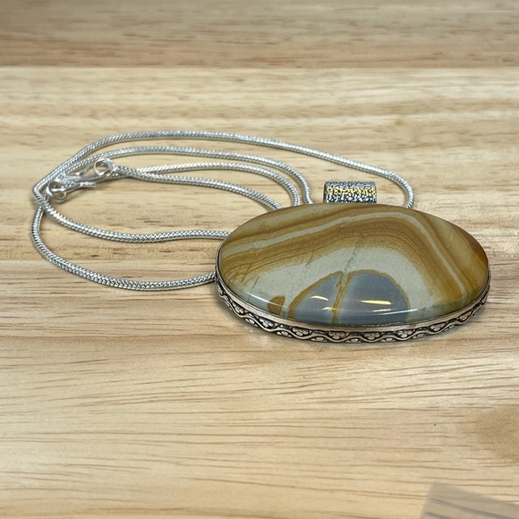 925 SILVER OVERLAY STATEMENT PENDANT PICTURE JASPER GEMSTONE - Picture 8 of 8